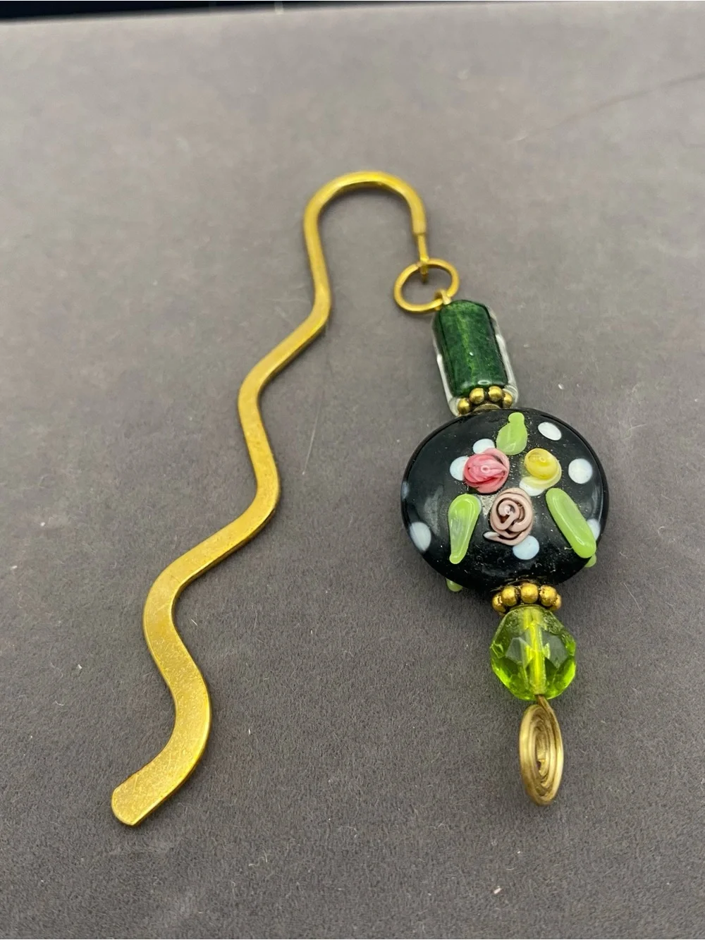 Black and Green Art Glass with Brass Floral Bookmark Charm
